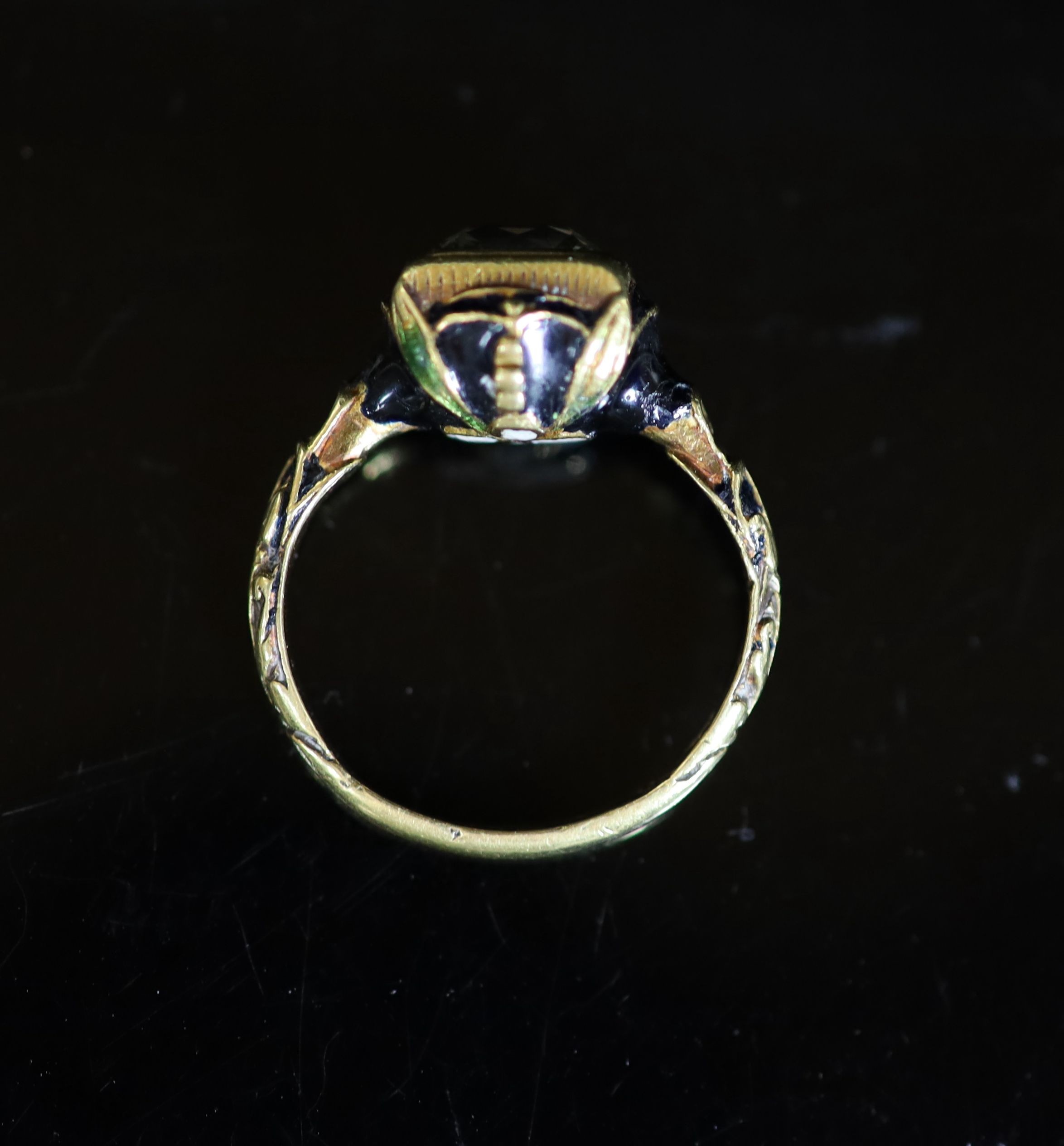 An 18th century gold, rectangular cushion cut diamond and three colour enamel memorial ring